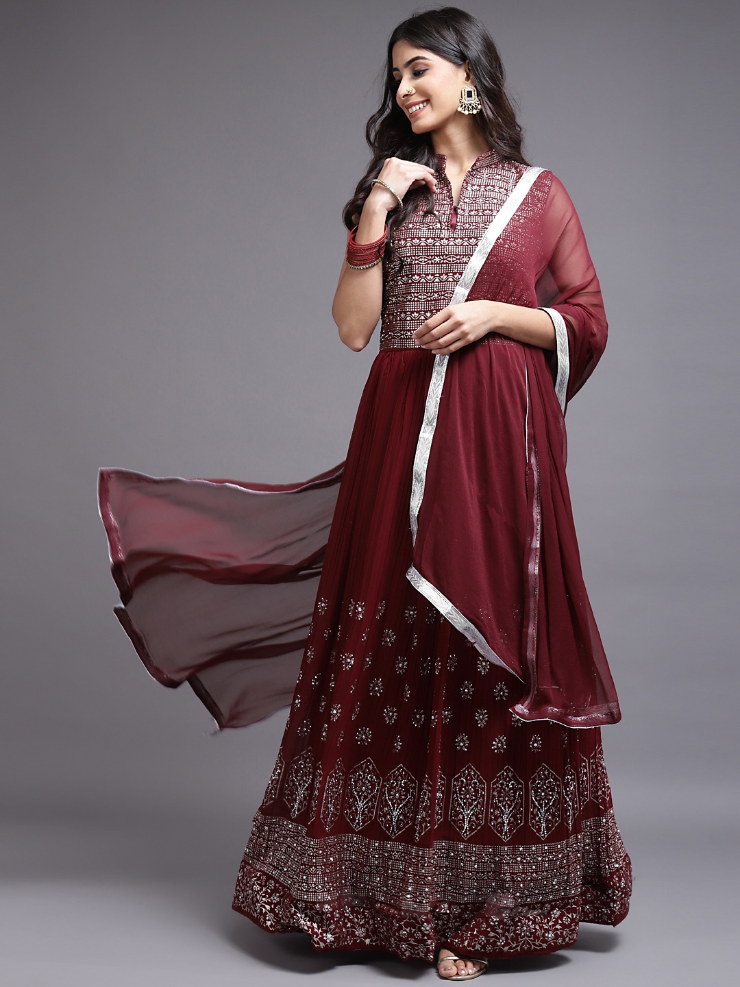 

SAARYA Maroon Embellished Net Maxi Ethnic Dress with Dupatta