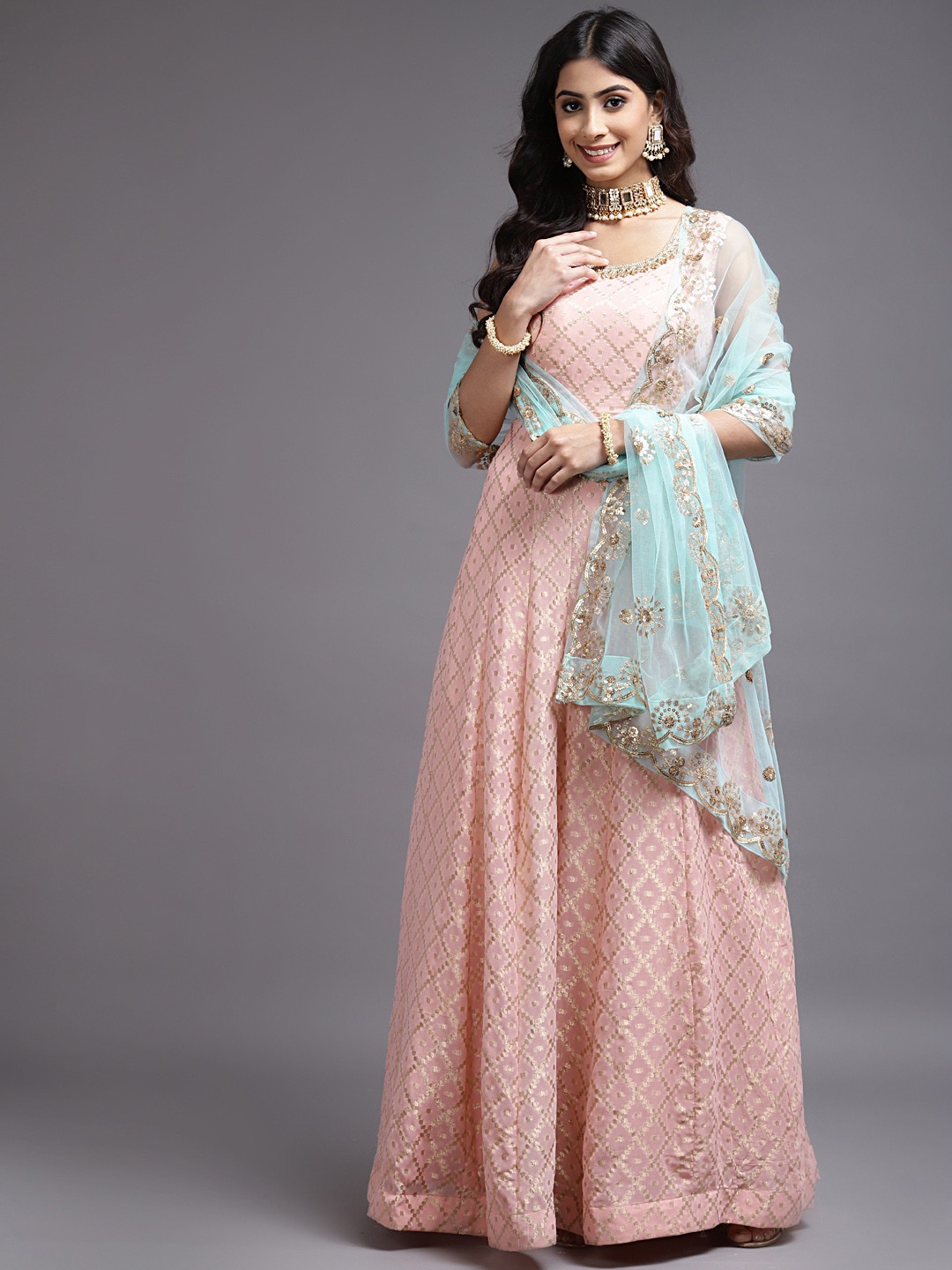 

SAARYA Peach-Coloured Embellished Georgette Maxi Ethnic Dress with Dupatta