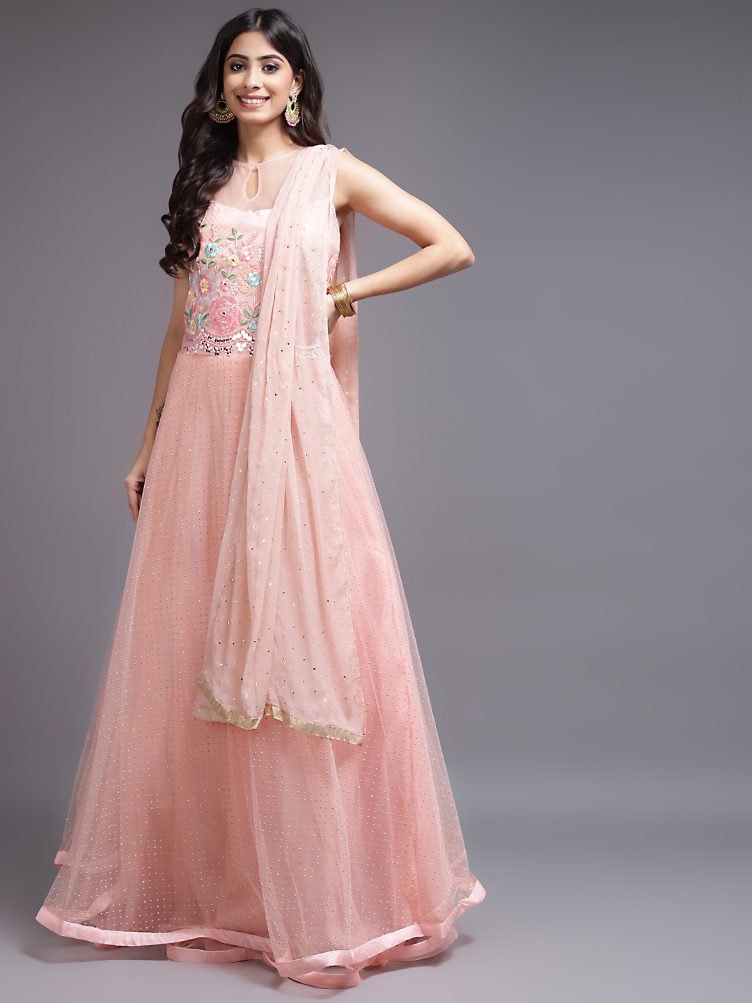 

SAARYA Peach-Coloured Embroidered Net Maxi Ethnic Dress with Dupatta