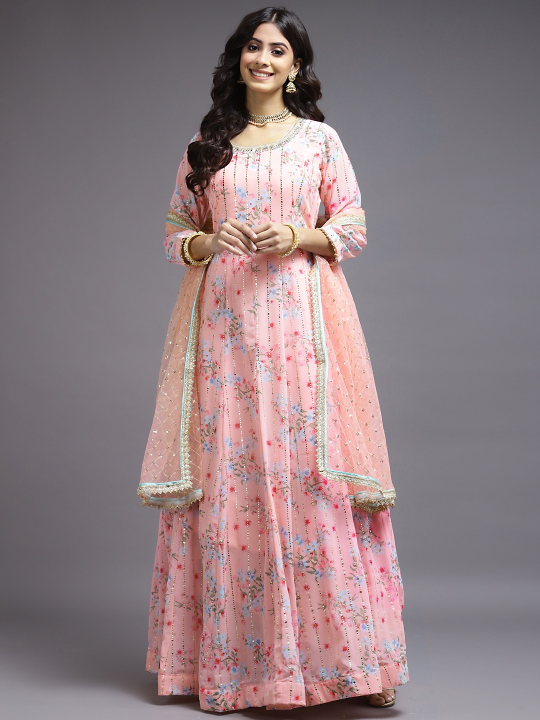 

SAARYA Peach-Coloured Floral Georgette Maxi Dress