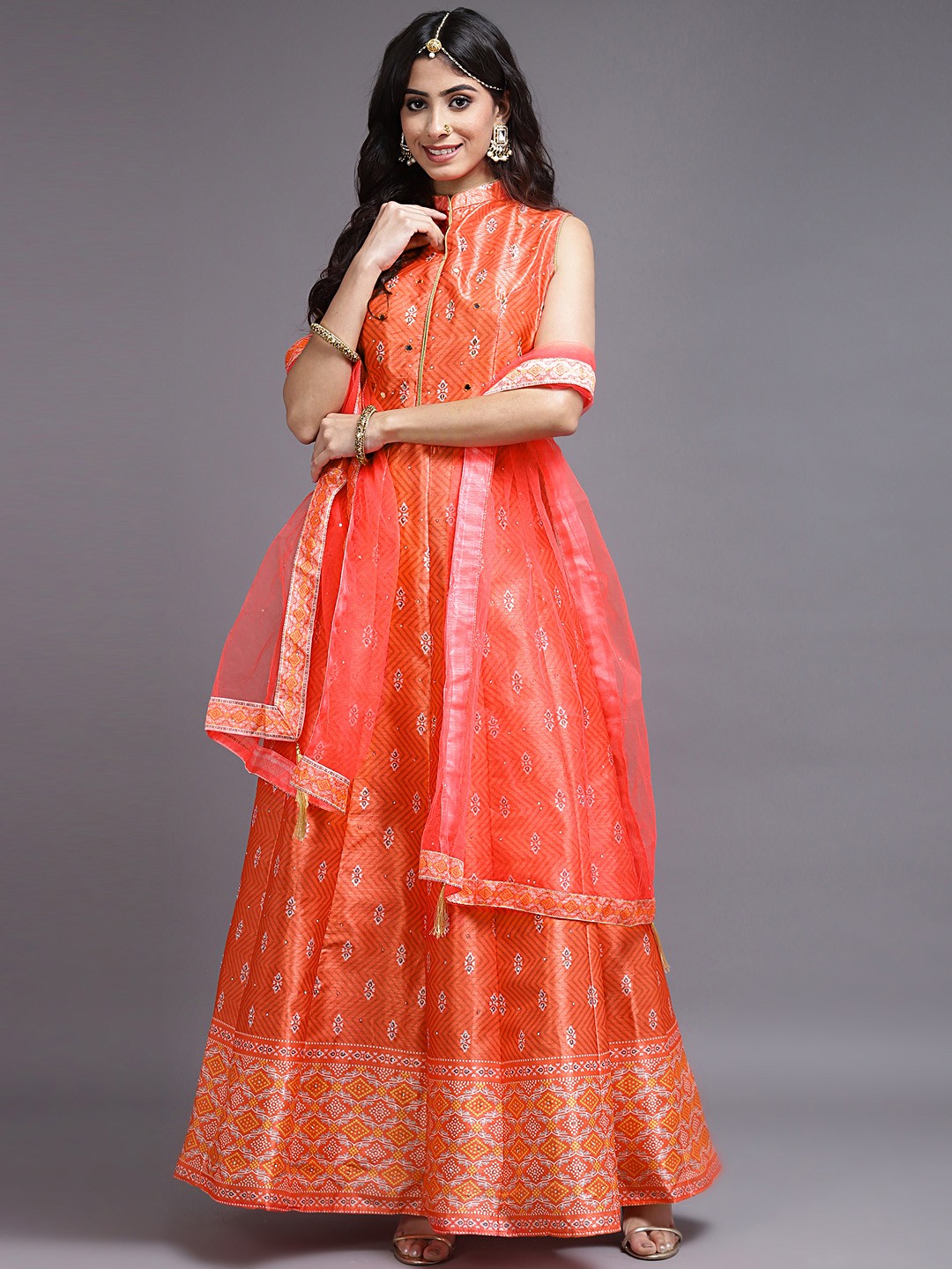 

SAARYA Orange Ethnic Motifs Maxi Dress with Dupatta