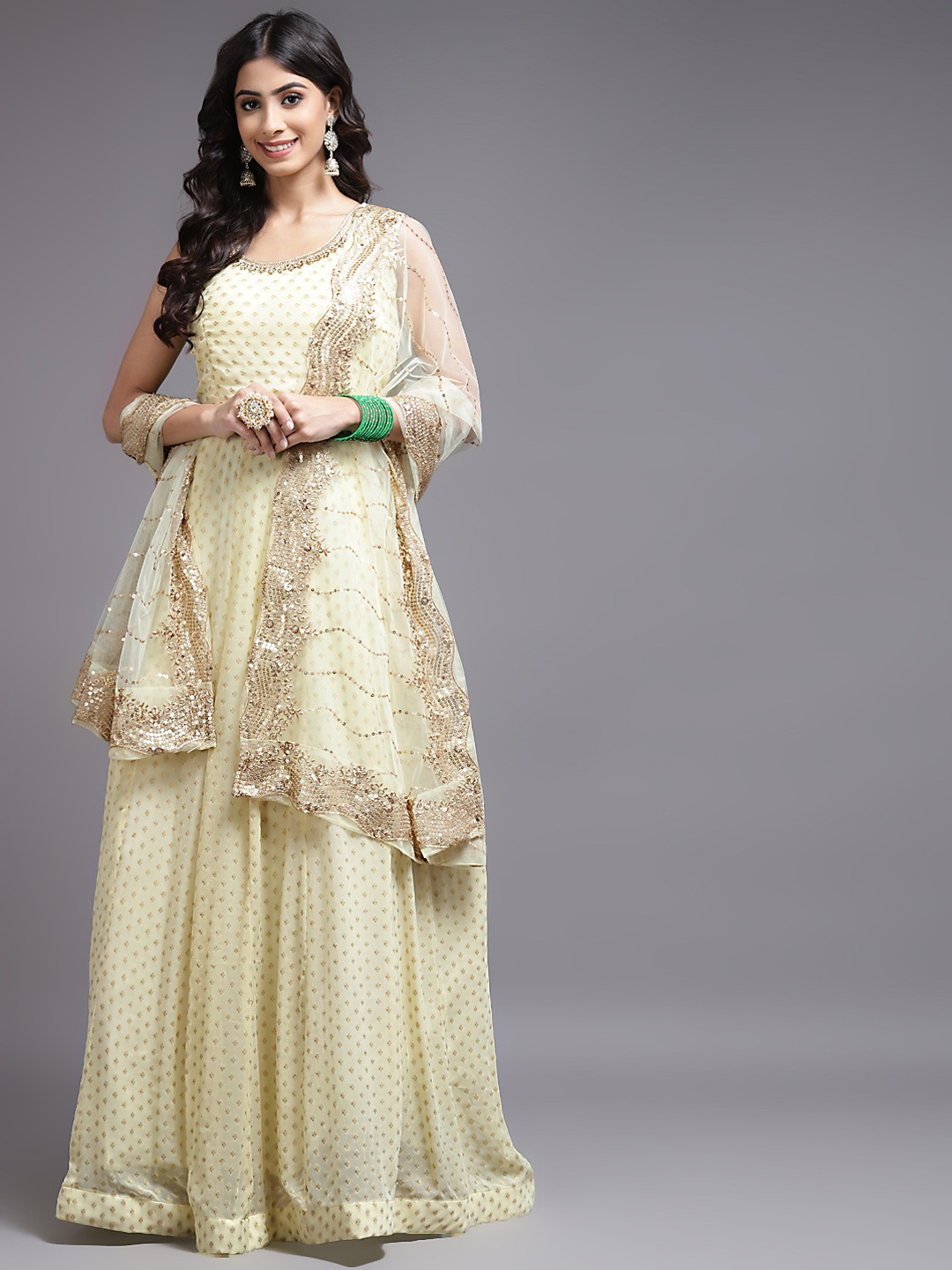 

SAARYA Yellow Ethnic Motifs Georgette Maxi Dress
