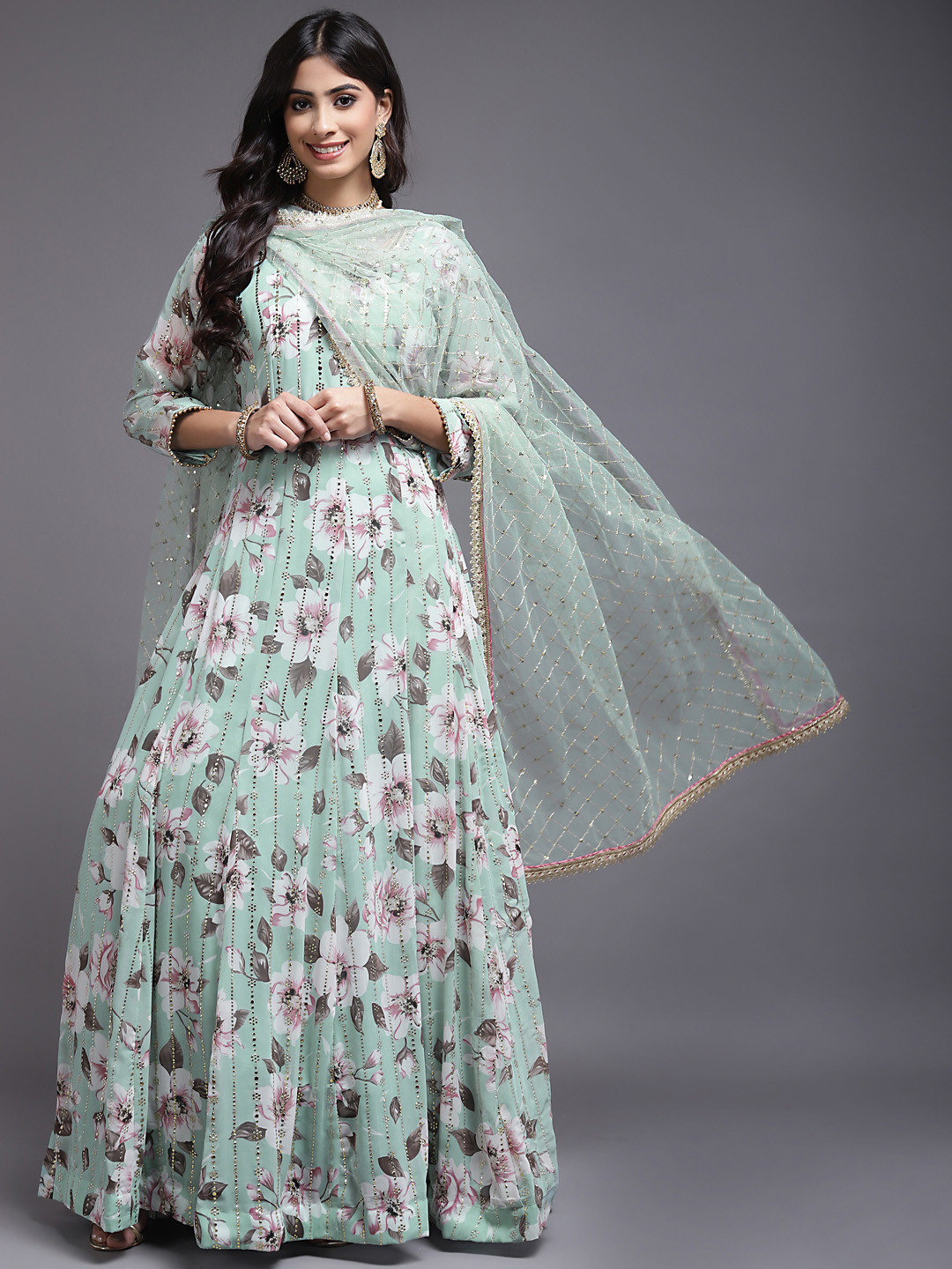 

SAARYA Turquoise Blue Floral Georgette Maxi Dress