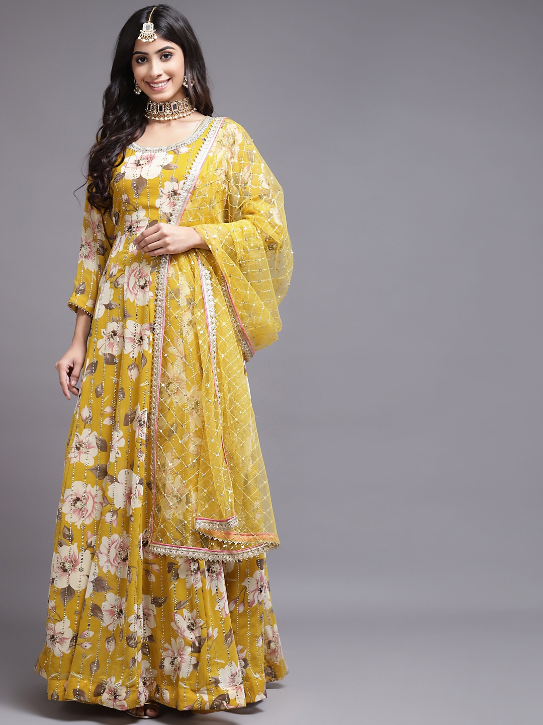 

SAARYA Mustard Yellow Floral Net Maxi Ethic Dress with Dupatta