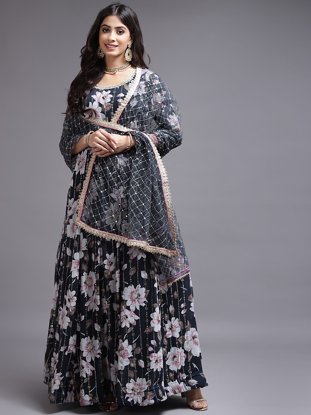 

SAARYA Navy Blue Floral Georgette Maxi Ethnic Dress with Dupatta