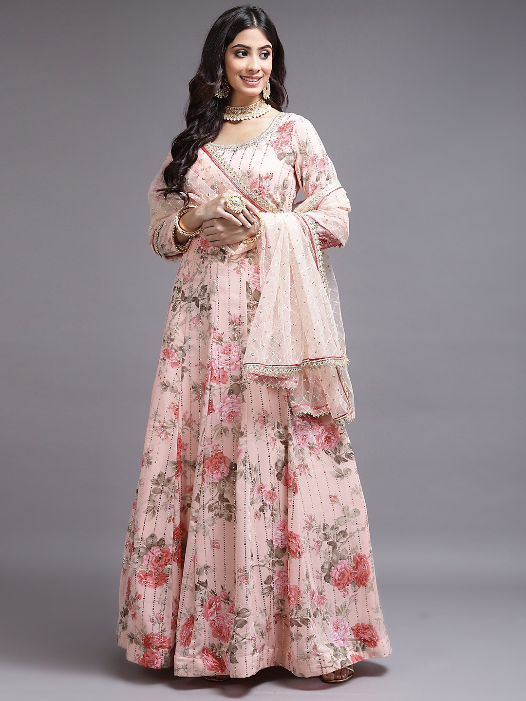 

SAARYA Peach-Coloured Floral Georgette Maxi Dress