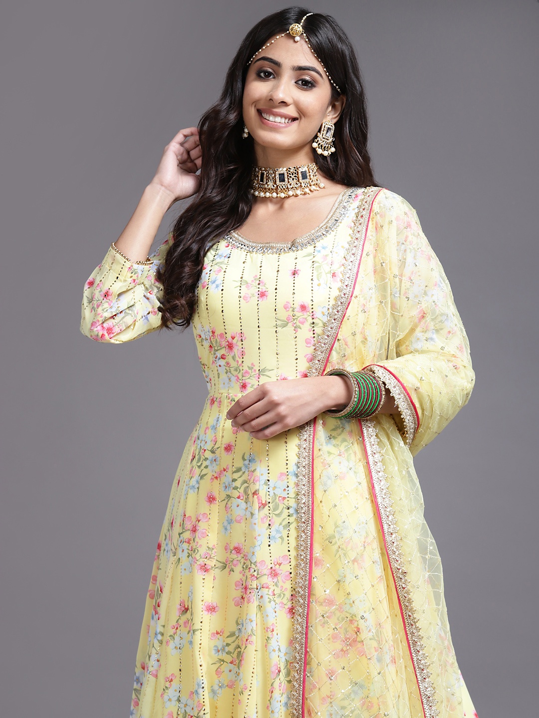 

SAARYA Yellow Floral Georgette Maxi Dress