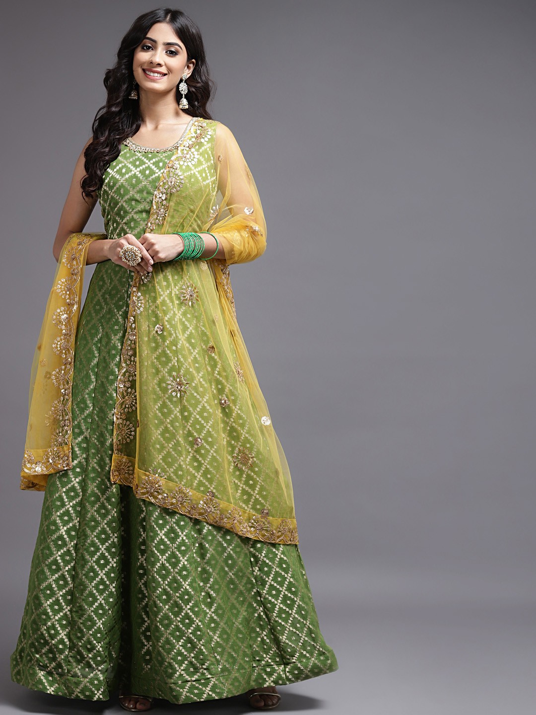 

SAARYA Green Ethnic Motifs Georgette Maxi Ethnic Dress with Dupatta