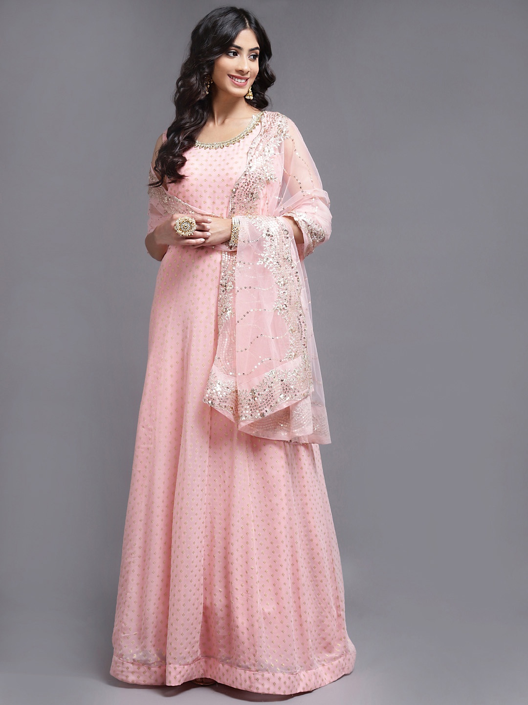 

SAARYA Pink Embellished Georgette Maxi Ethnic Dress with Dupatta