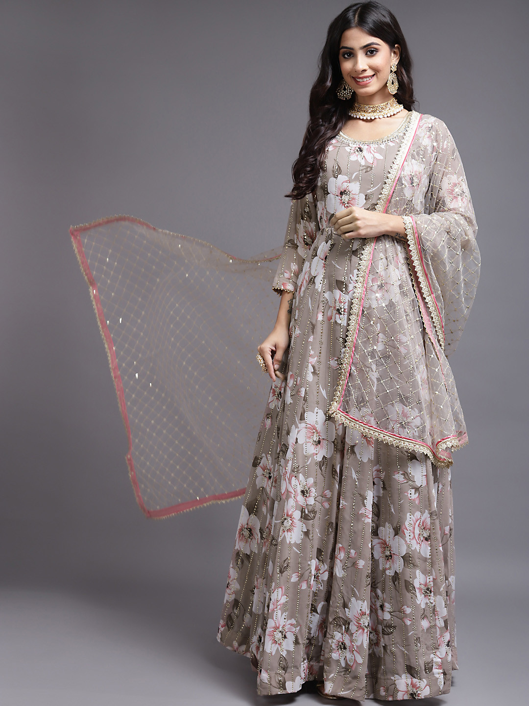 

SAARYA Grey Floral Georgette Maxi Ethnic Dress with Dupatta