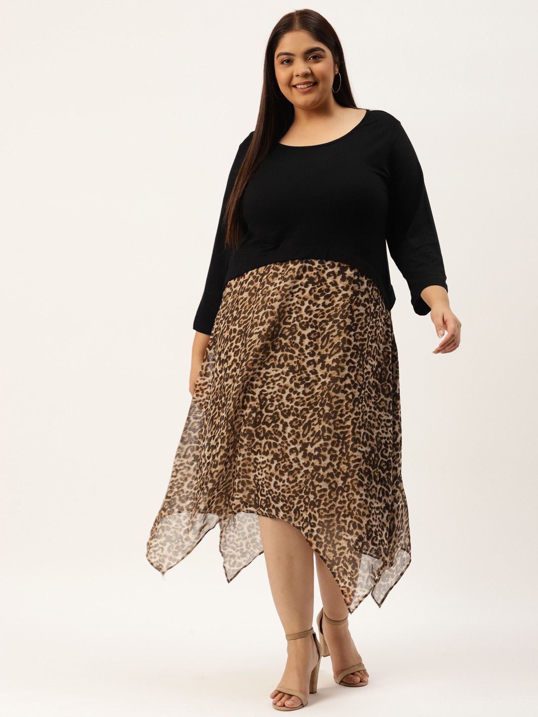 

theRebelinme Plus Size Brown & Black Cheetah Print Georgette A-Line Midi Dress