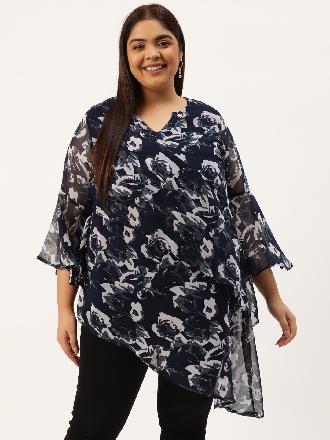 

theRebelinme Plus Size Navy Blue & Grey Floral Print Longline Asymmetric Wrap Top