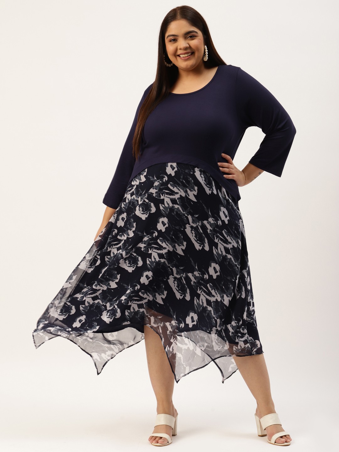 

theRebelinme Plus Size Navy Blue & White Floral Printed Georgette A-Line Midi Dress