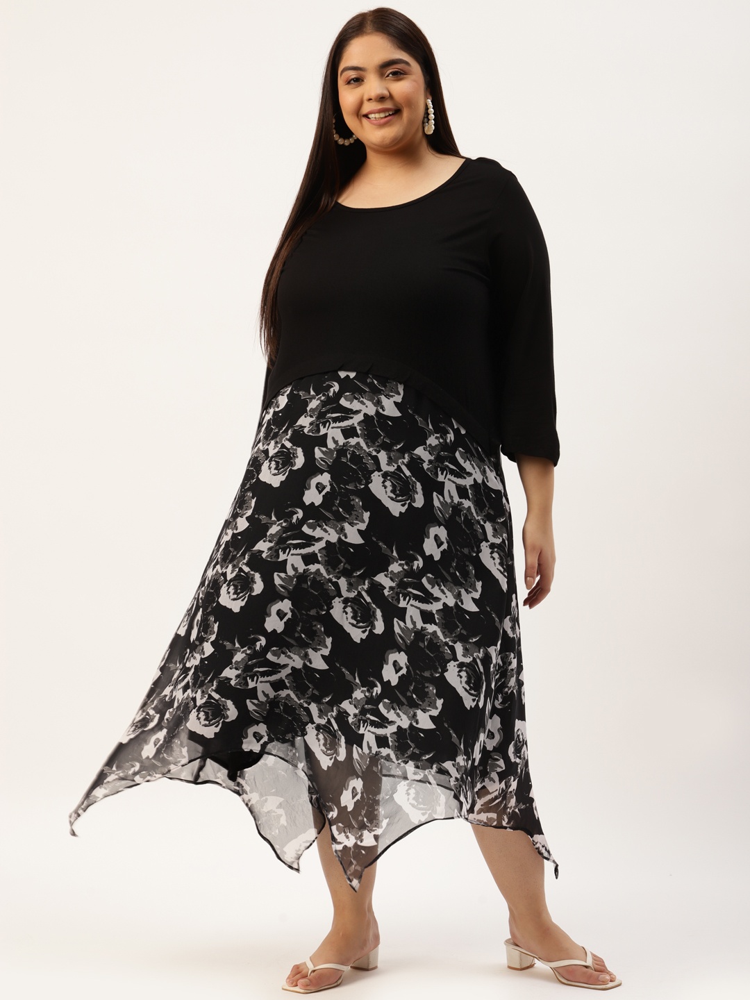 

theRebelinme Plus Size Black & White Floral Printed Georgette A-Line Midi Dress