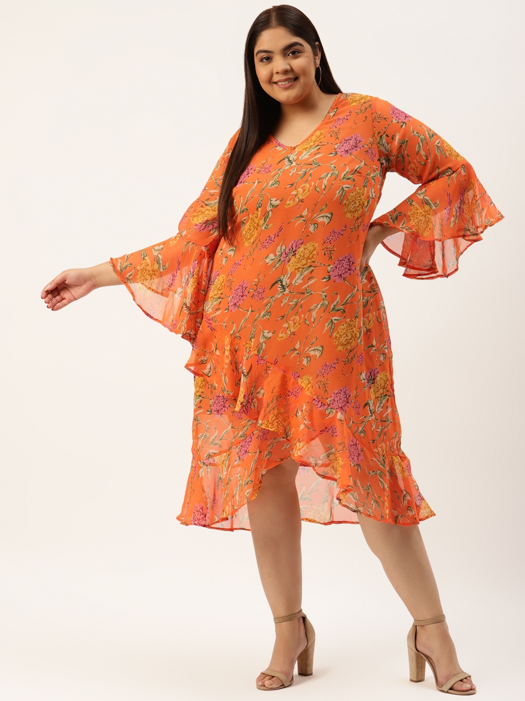 

theRebelinme Plus Size Orange & Green Floral Printed Georgette A-Line Midi Dress