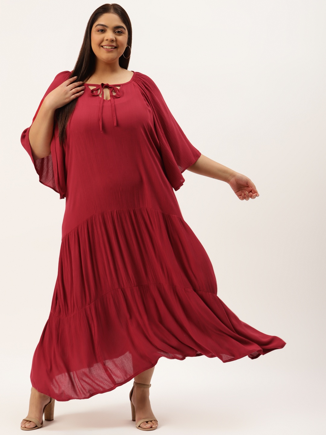 theRebelinme Plus Size Maroon Solid Tiered A-Line Maxi Dress