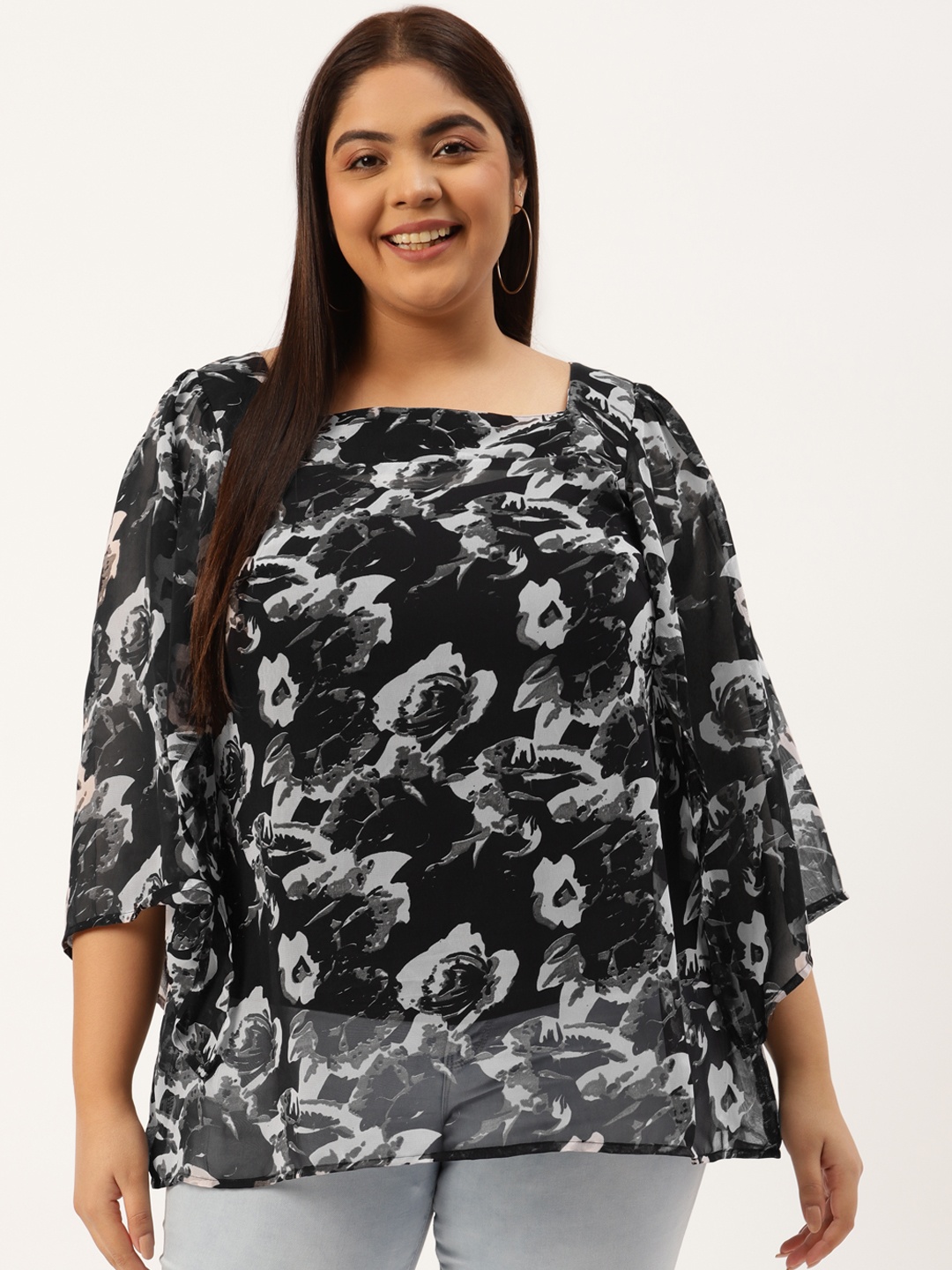 

theRebelinme Plus Size Black & Grey Floral Print Georgette Longline Top