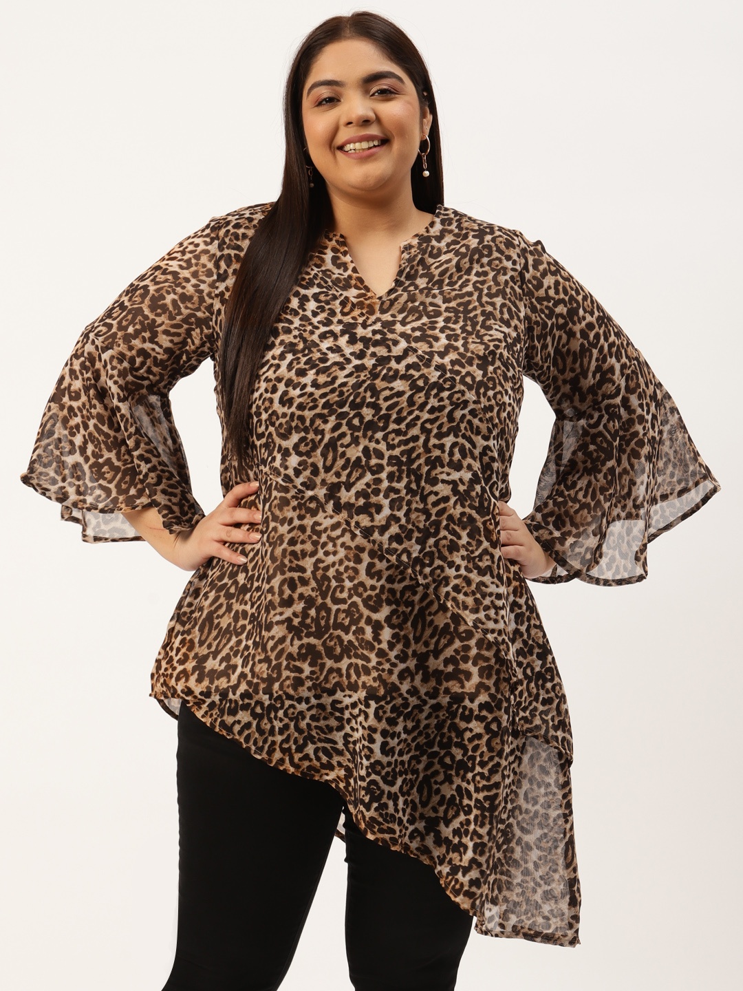 

theRebelinme Plus Size Beige & Coffee Brown Animal Print Asymmetric Longline Wrap Top