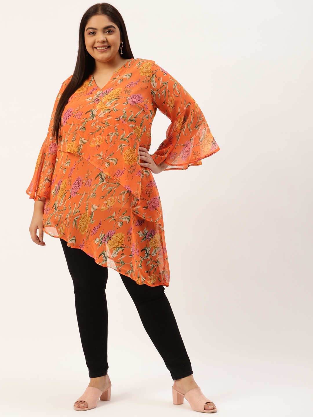 

theRebelinme Plus Size Orange & Green Floral Print Georgette Asymmetric Longline Wrap Top