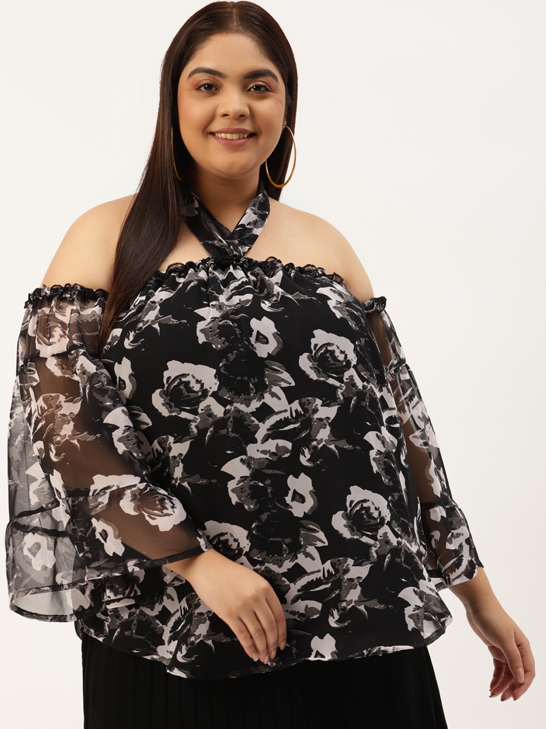 

theRebelinme Plus Size Black & Grey Floral Print Ruffles Georgette Longline Top