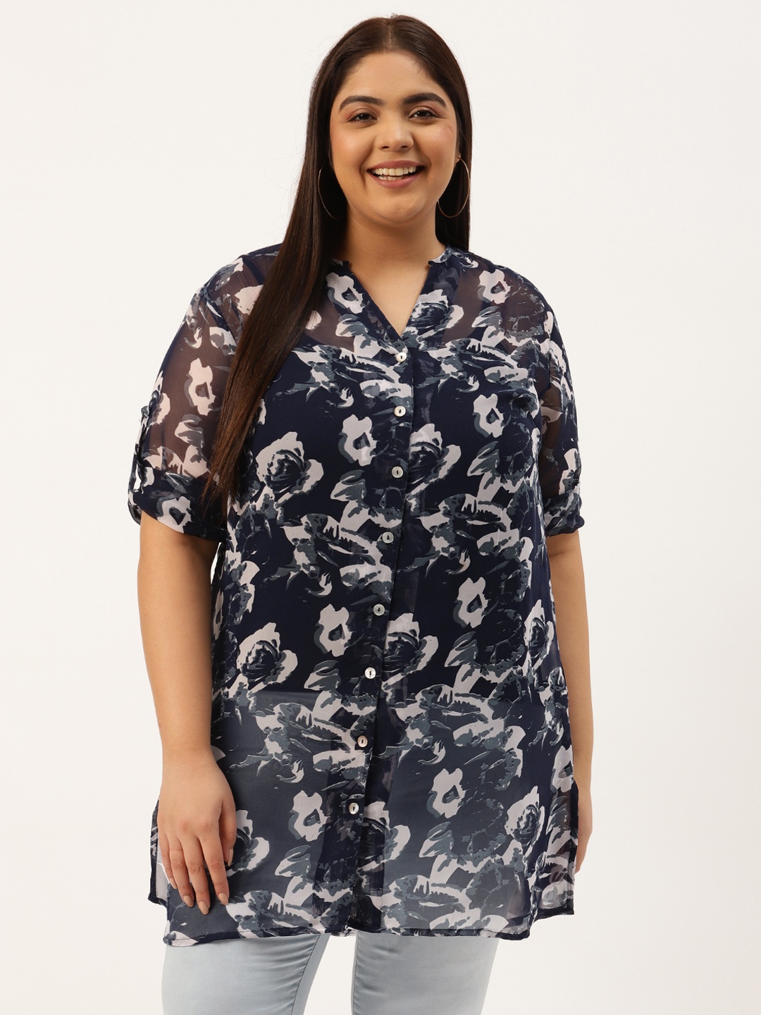 

theRebelinme Plus Size Navy Blue & White Floral Printed Tunic