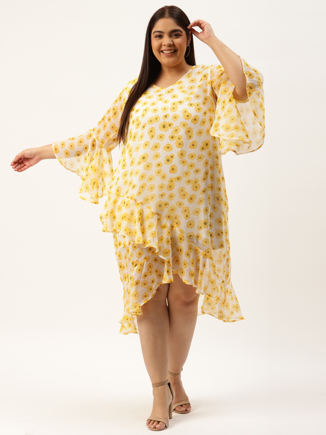 

theRebelinme Plus Size Yellow & Off White Floral Printed Georgette A-Line Midi Dress