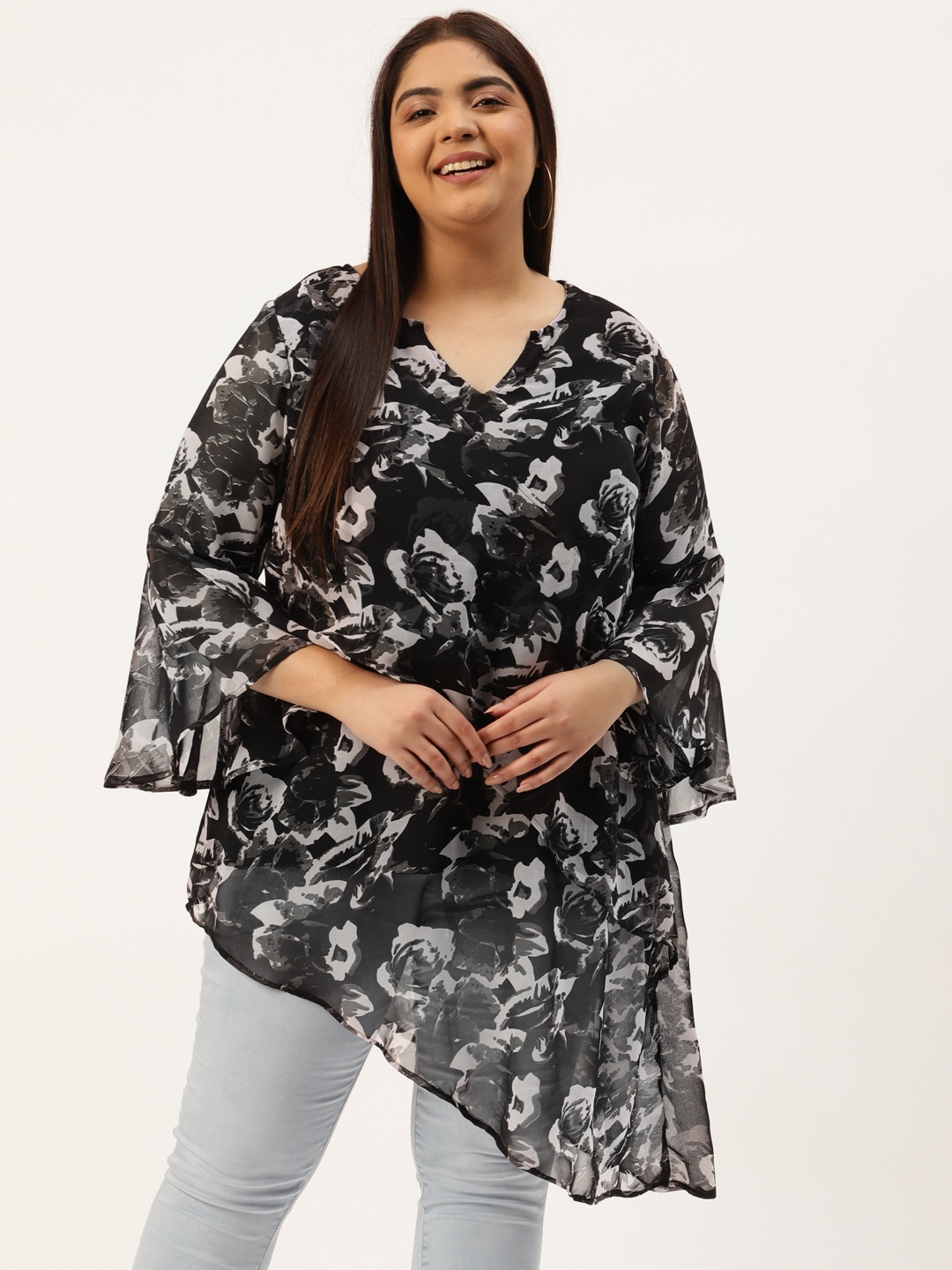 

theRebelinme Plus Size Black & Grey Floral Print Georgette Longline Asymmetric Wrap Top