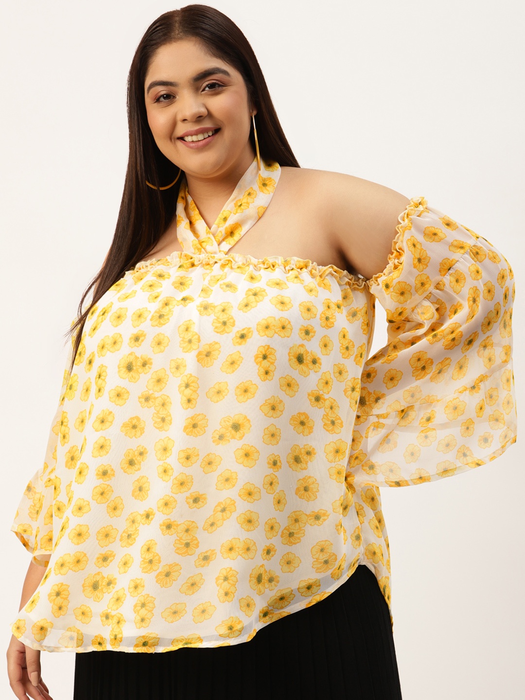 

theRebelinme Plus Size Off White & Yellow Floral Print Ruffles Georgette Top