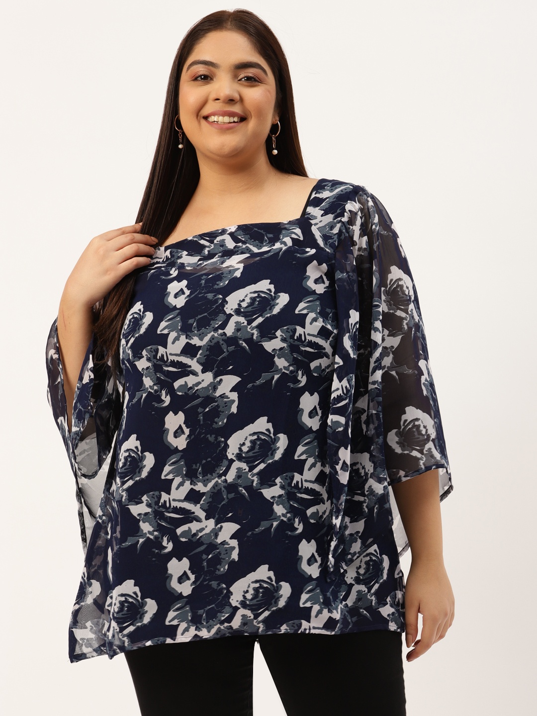 

theRebelinme Plus Size Navy Blue & Grey Floral Print Georgette Longline Top