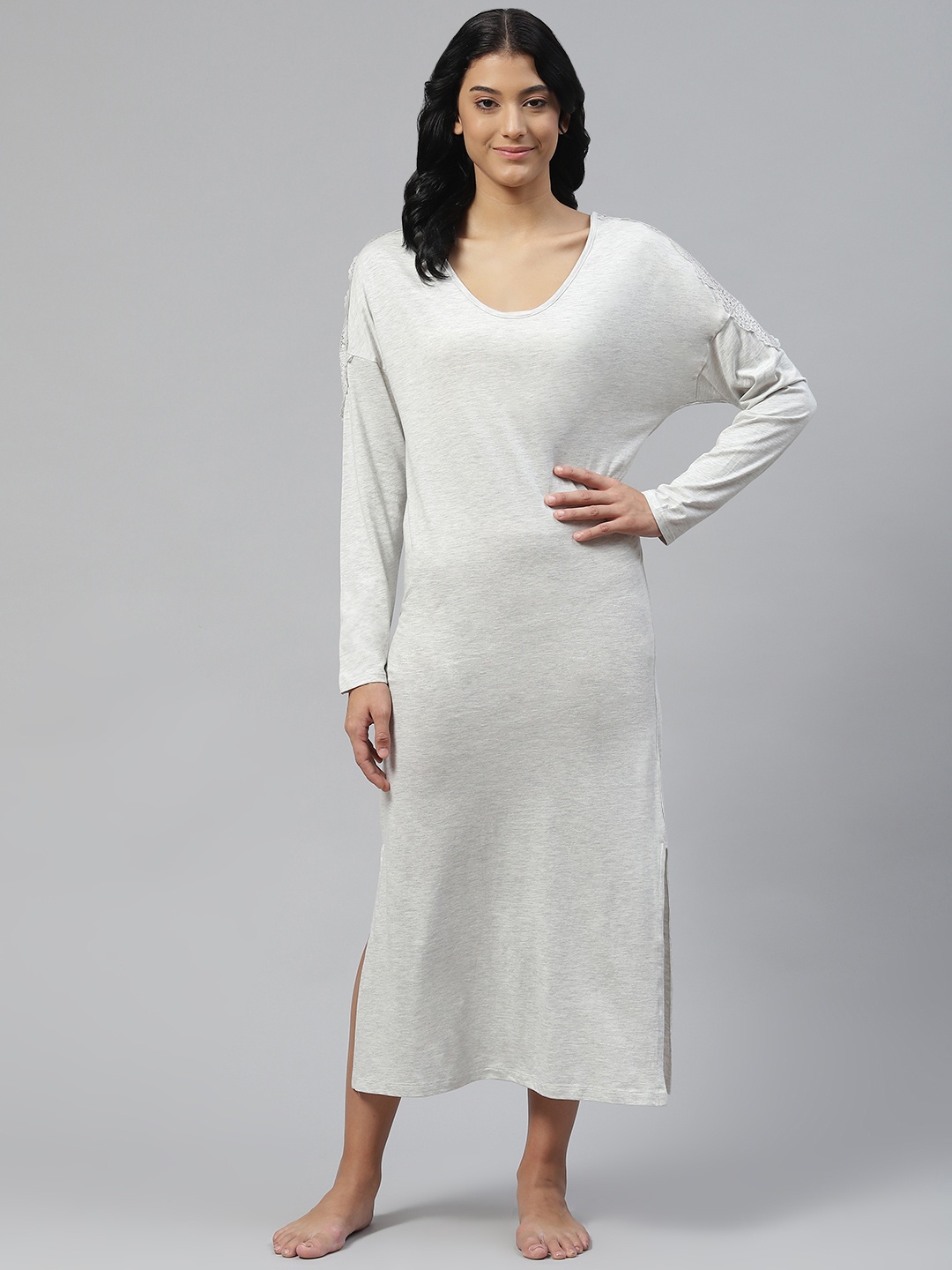 

Marks & Spencer Grey Melange Solid Maxi Nightdress