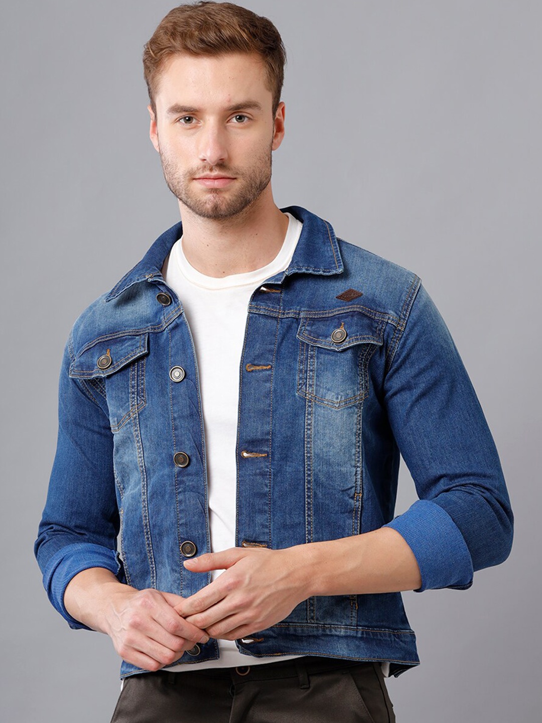 

YOVISH Men Blue Washed Crop Denim Jacket with Patchwork