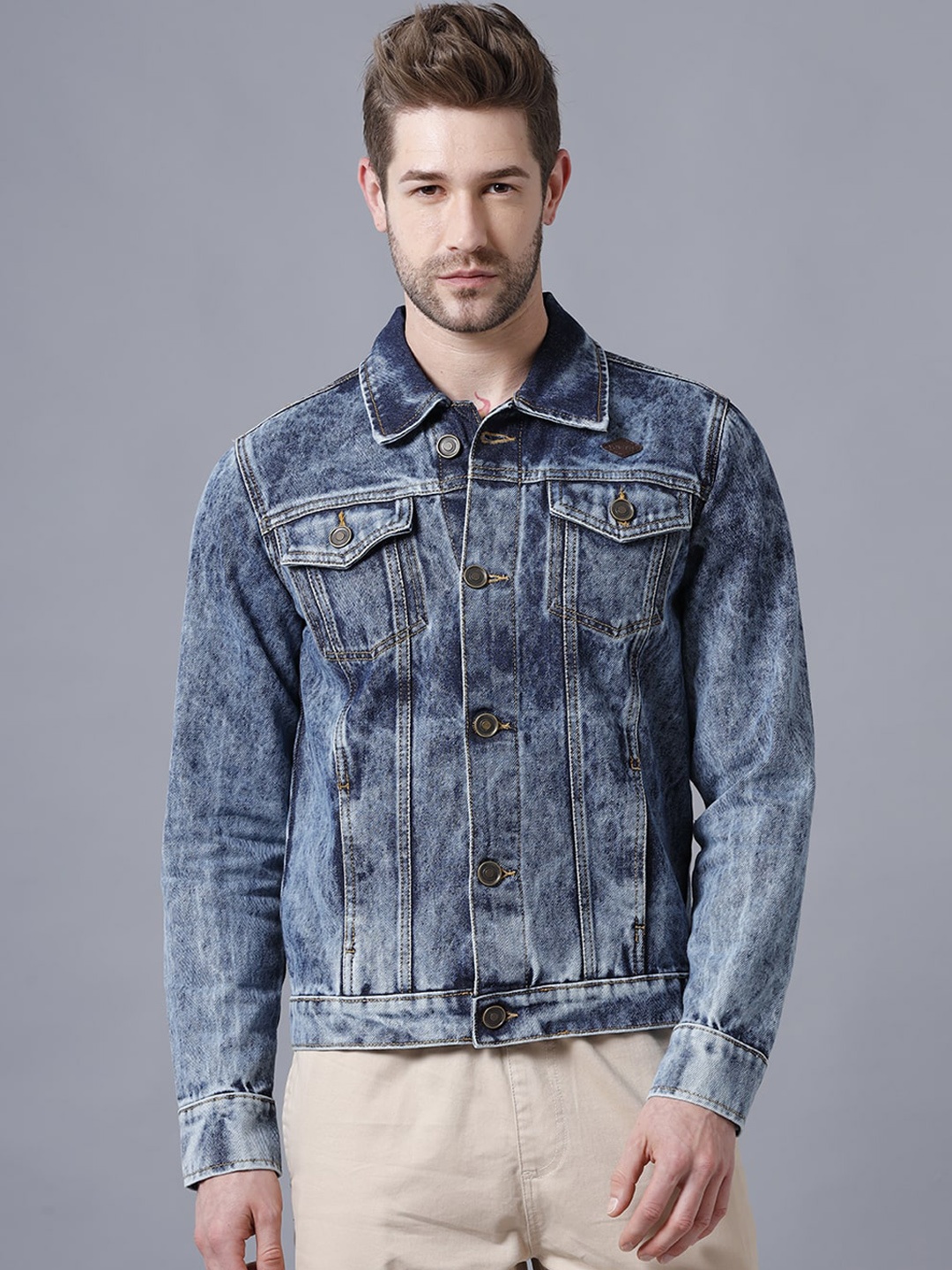 

YOVISH Men Blue Geometric Checked Longline Denim Jacket