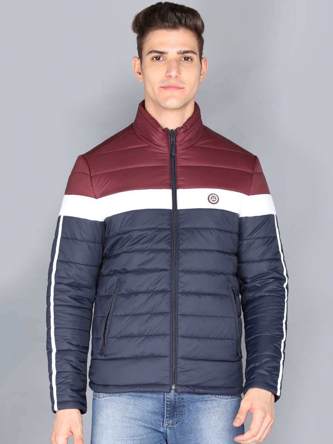 

LURE URBAN Men Navy Blue Colourblocked Padded Jacket with Patchwork
