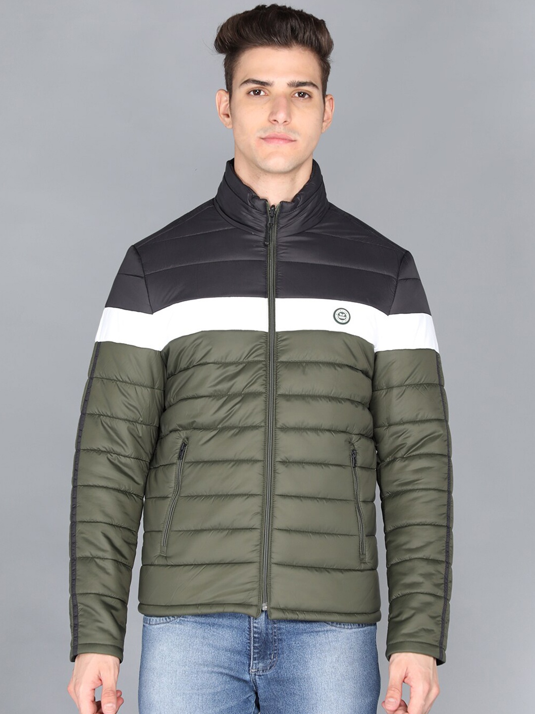 

LURE URBAN Men Olive Green Striped Bomber with Patchwork Jacket