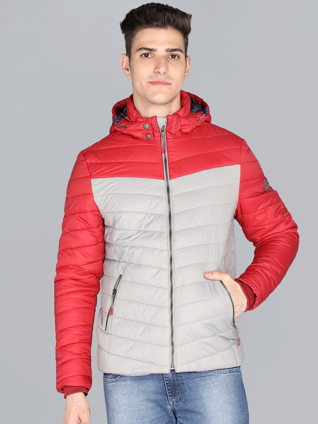 

LURE URBAN Men Grey Colourblocked Longline Puffer Jacket
