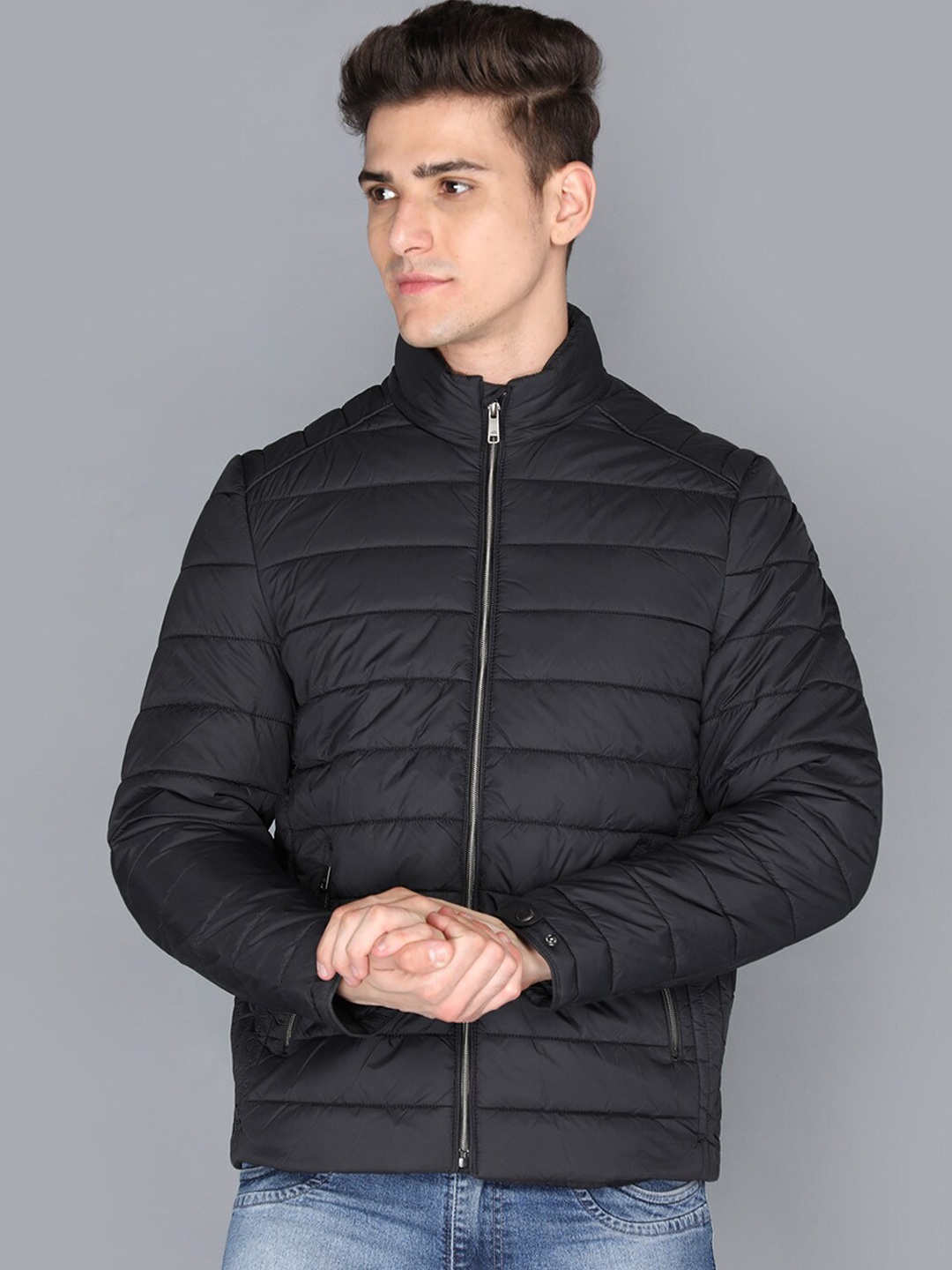 

LURE URBAN Men Black Striped Crop Puffer Jacket