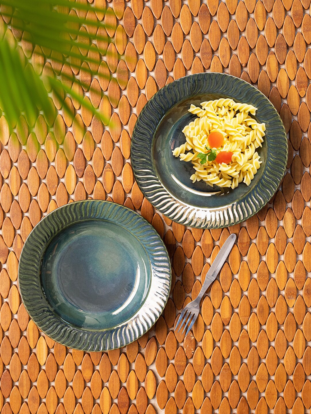 

ExclusiveLane Ceramic Pasta Plates Handmade (Set of 2, Microwave Safe), Green