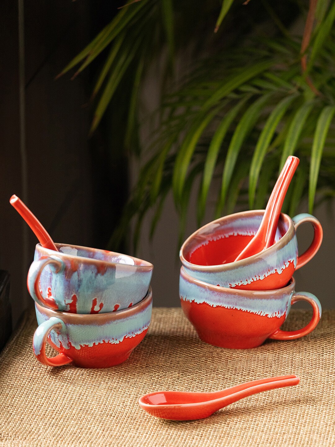 

ExclusiveLane Set of 4 Red & Grey Handcrafted Ceramic Glossy Soup Bowls With Spoon