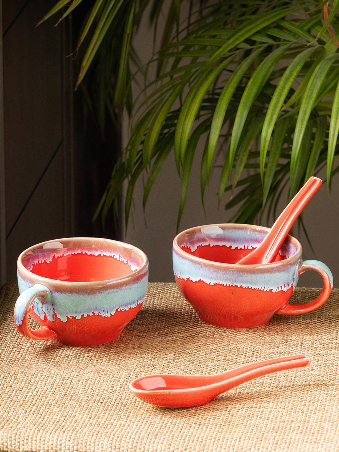 

ExclusiveLane Set of 2 Red & Grey Handcrafted Ceramic Glossy Soup Bowls With Spoon