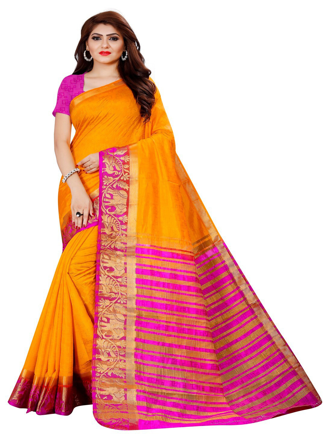 

MOKSHA DESIGNS Gold-Toned & Magenta Woven Design Zari Pure Silk Banarasi Saree