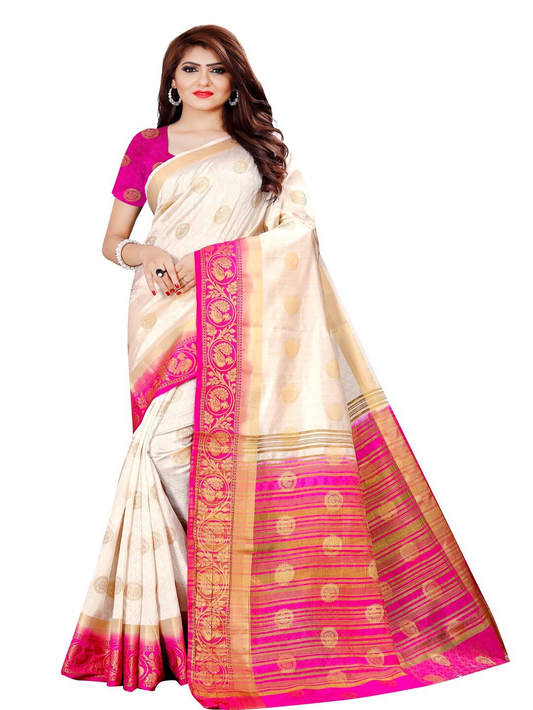 

MOKSHA DESIGNS Pink & Off White Woven Design Zari Pure Silk Banarasi Saree