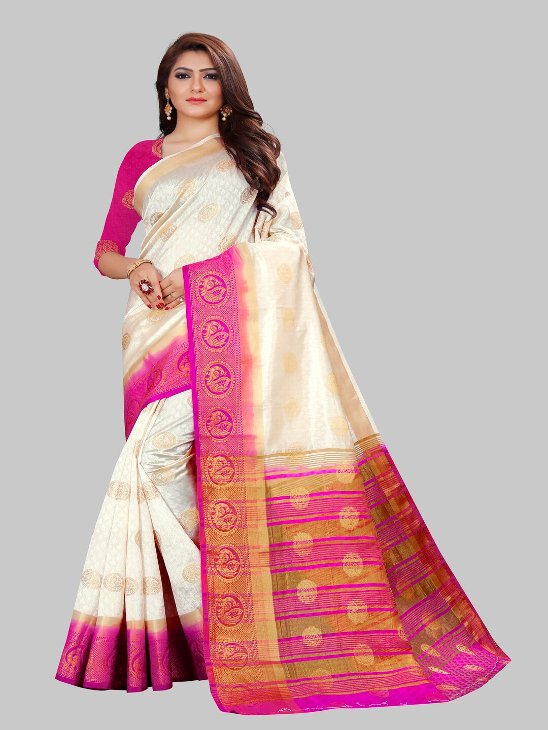 

MOKSHA DESIGNS Off White & Pink Woven Design Zari Pure Silk Banarasi Saree