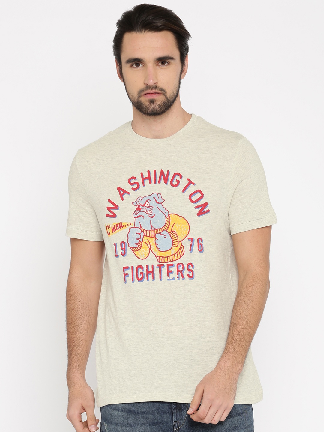 

Celio Men Grey Printed Round Neck Pure Cotton T-shirt