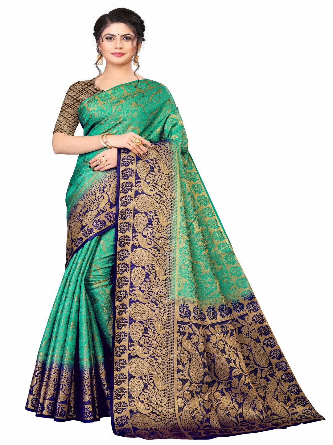 

MOKSHA DESIGNS Green & Gold-Toned Woven Design Zari Pure Silk Banarasi Saree