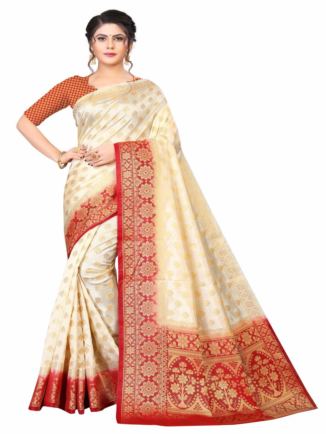 

MOKSHA DESIGNS Beige & Red Woven Design Zari Pure Silk Banarasi Saree