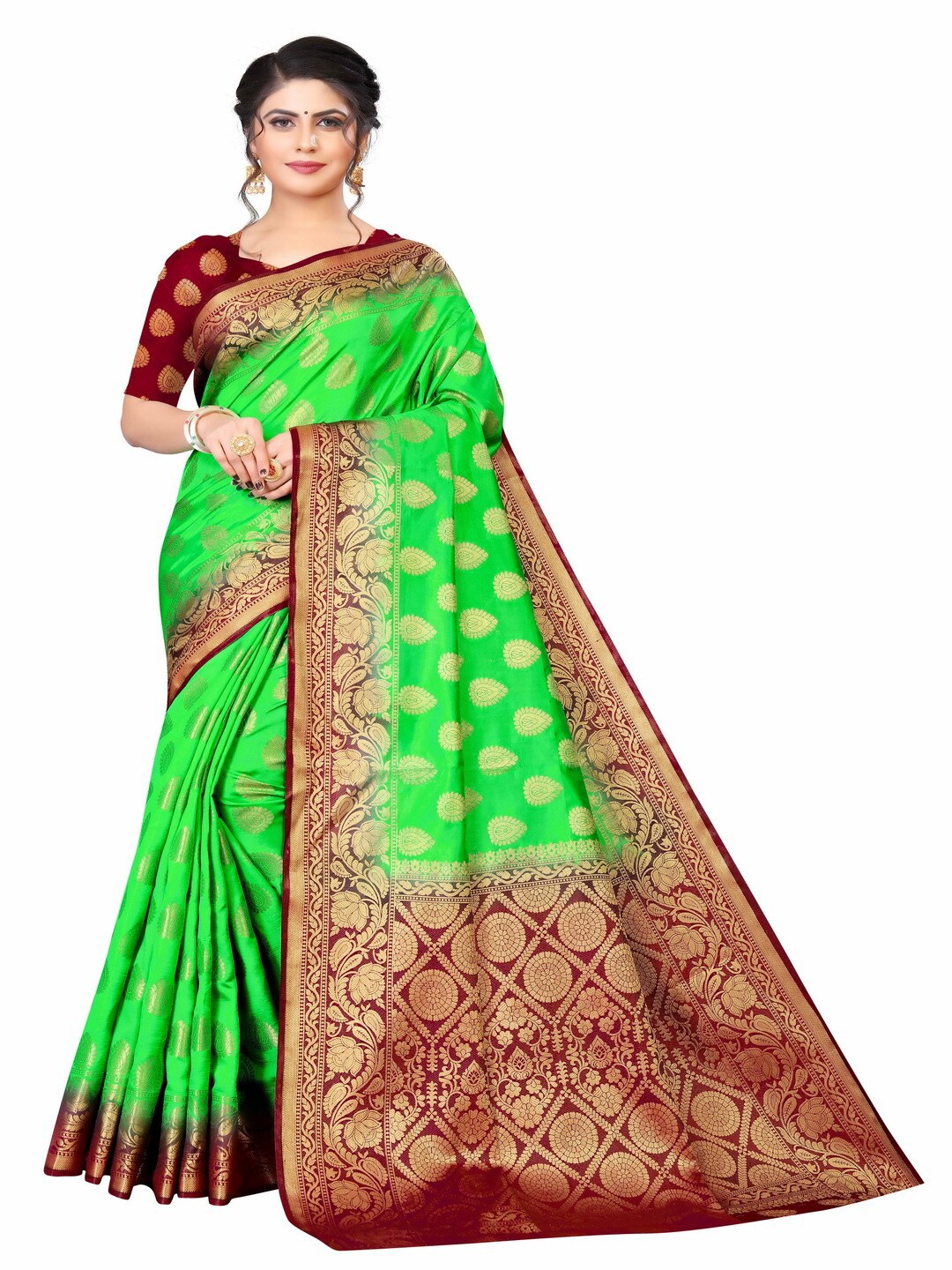 

MOKSHA DESIGNS Green & Maroon Woven Design Zari Pure Silk Banarasi Saree