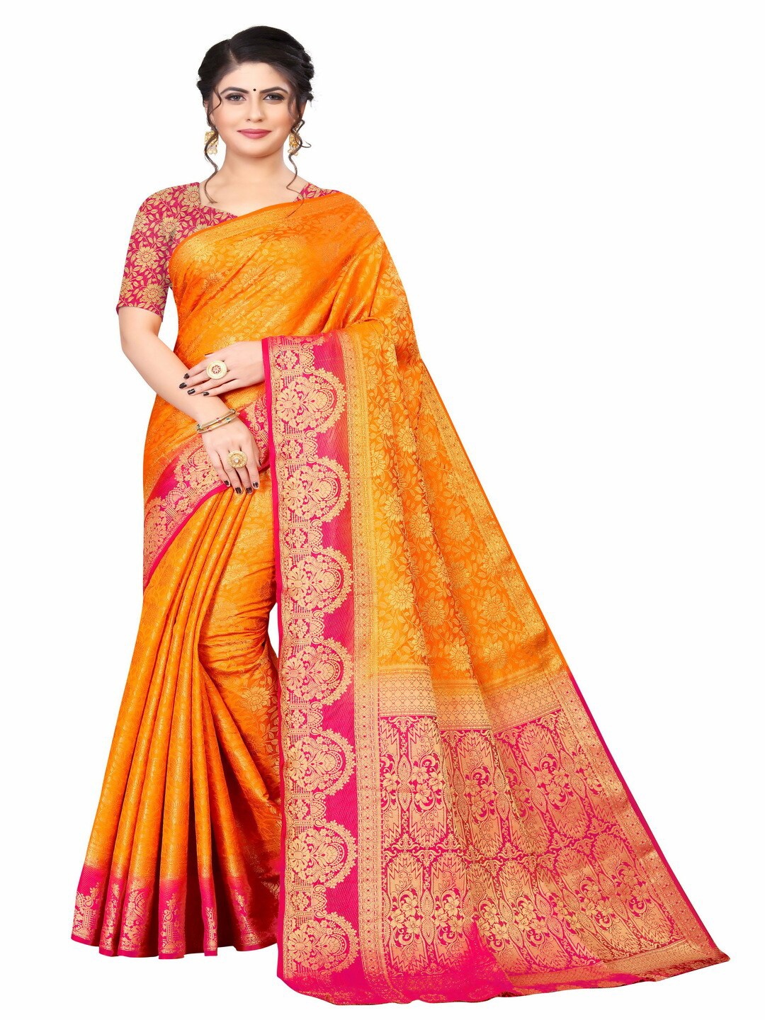 

MOKSHA DESIGNS Yellow & Pink Woven Design Zari Pure Silk Banarasi Saree