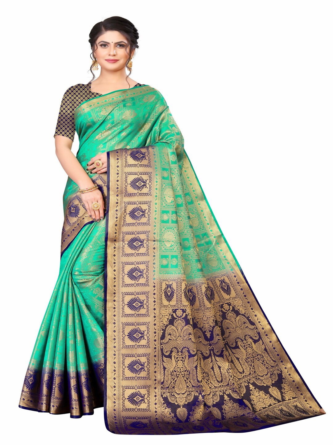 

MOKSHA DESIGNS Green & Navy Blue Ethnic Motifs Zari Pure Silk Banarasi Saree