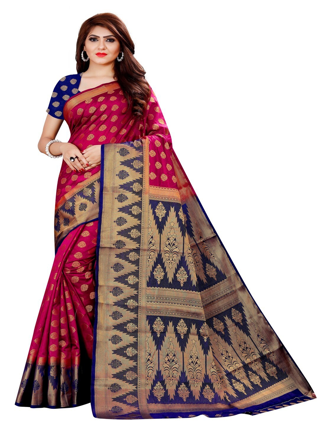 

MOKSHA DESIGNS Red & Blue Woven Design Zari Pure Silk Banarasi Saree