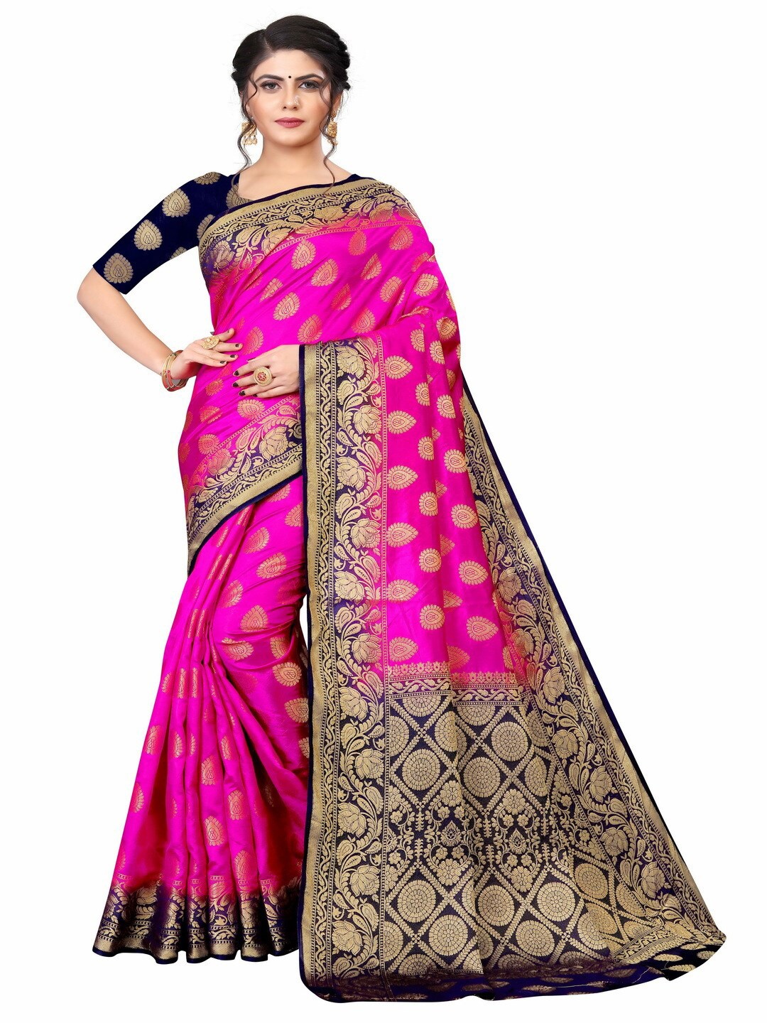 

MOKSHA DESIGNS Pink & Navy Blue Woven Design Pure Silk Banarasi Saree